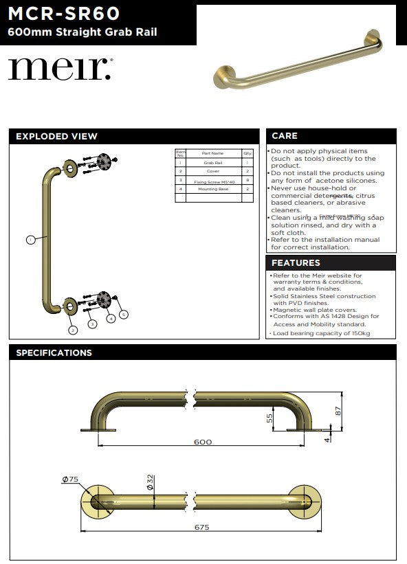 Meir Mobility Straight Grab Rail 600mm Lustre Bronze