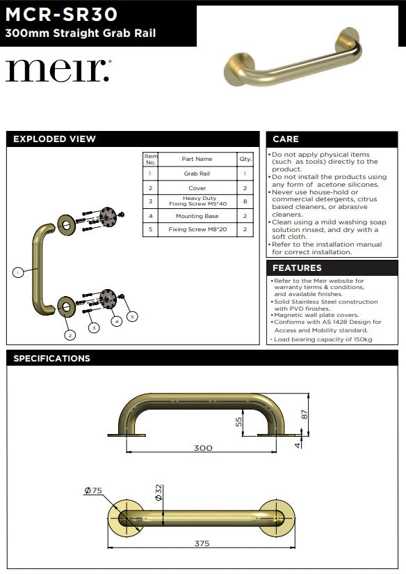 Meir Mobility Straight Grab Rail 300mm Champagne