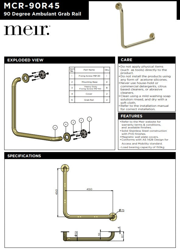 Meir Mobility 90 Degree Grab Rail 450mm Champagne