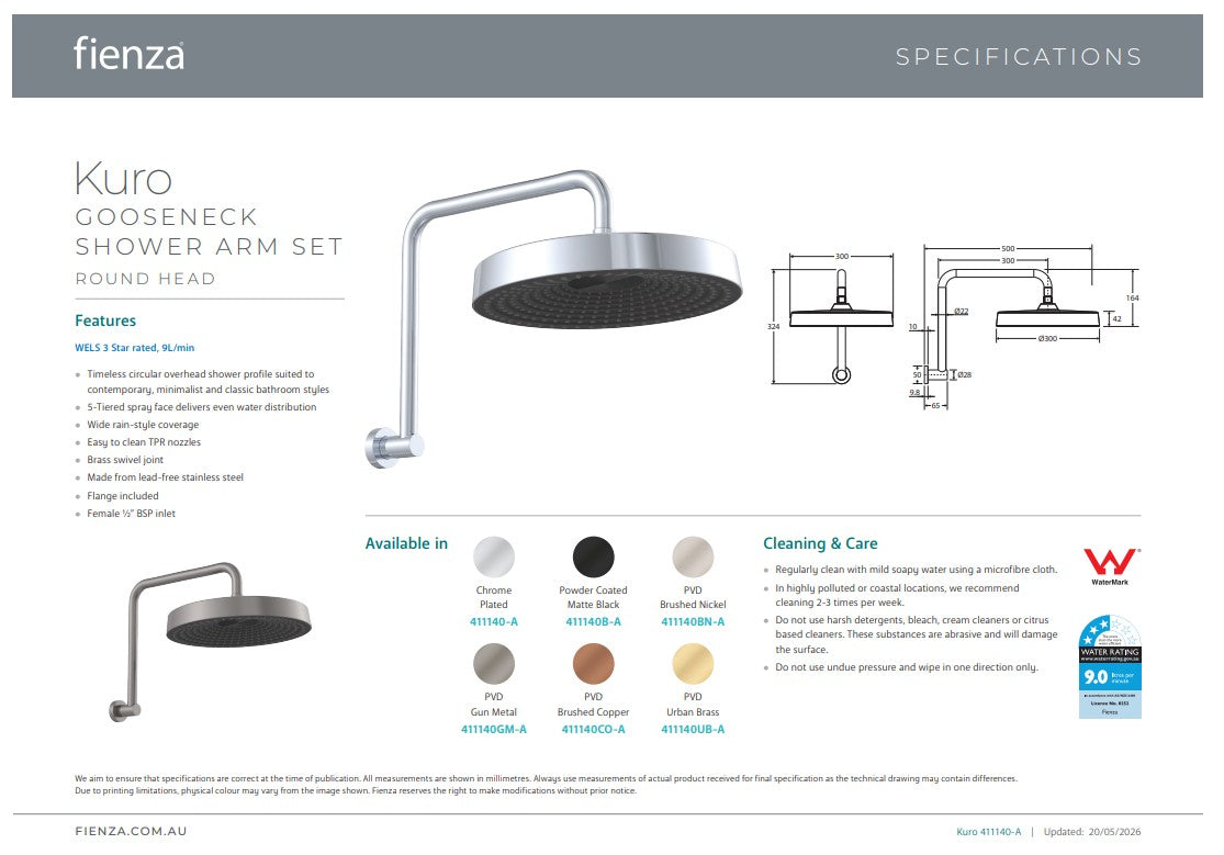 Fienza Kuro Gooseneck Shower Arm Set Round Head Chrome