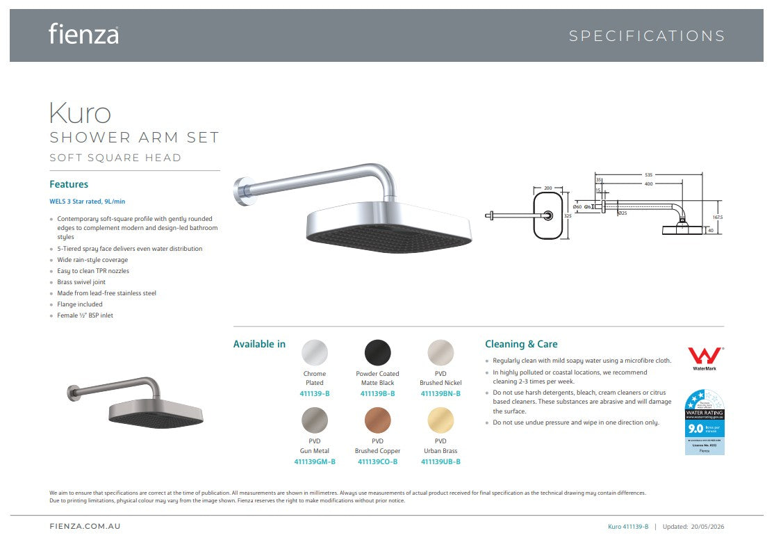 Fienza Kuro Shower Arm Set Soft Square Head Chrome