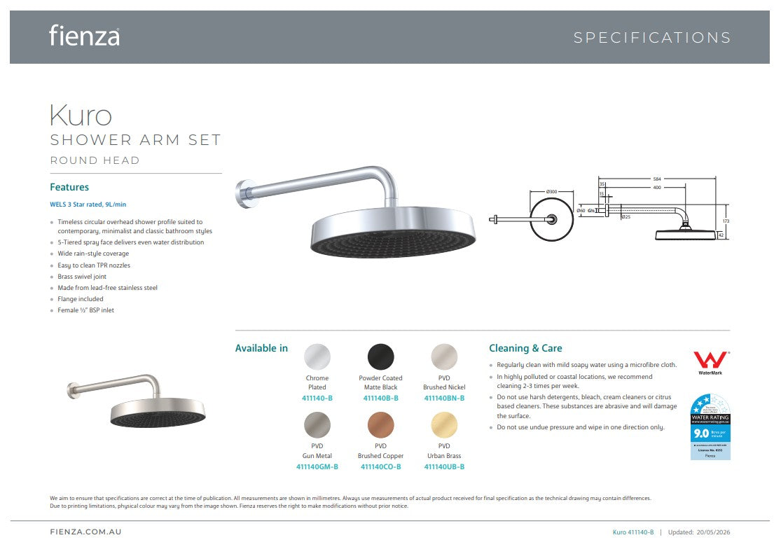 Fienza Kuro Shower Arm Set Round Head Chrome
