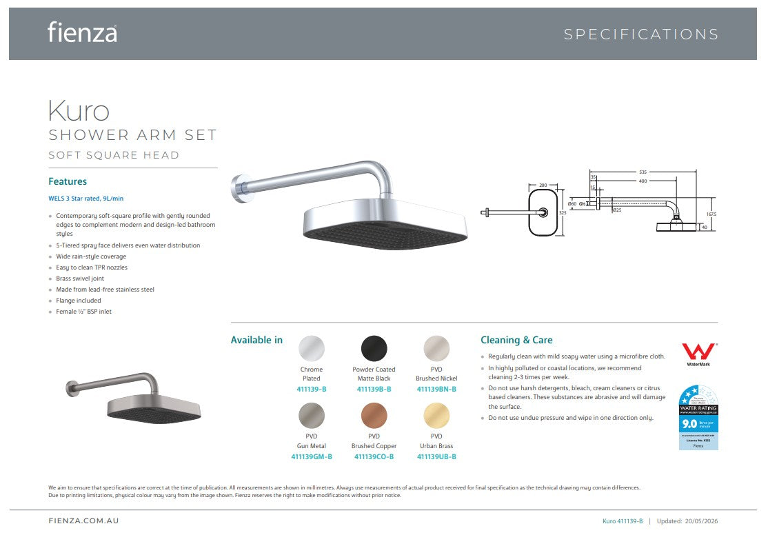 Fienza Kuro Shower Arm Set Soft Square Head Brushed Copper