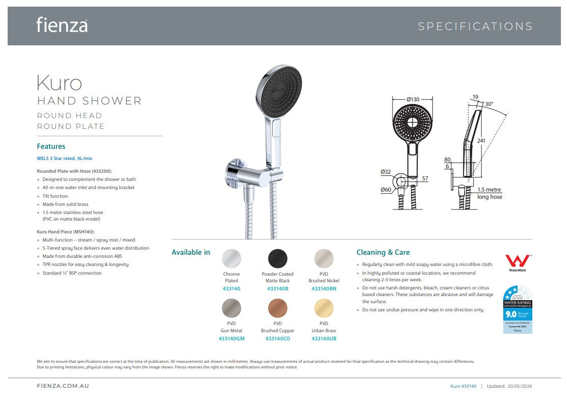 Fienza Kuro Hand Shower Round Plate Round Head Gun Metal