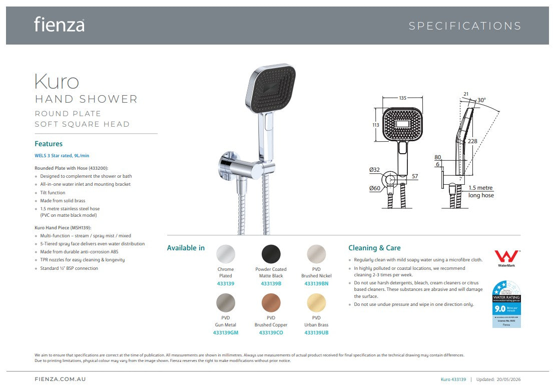 Fienza Kuro Hand Shower Round Plate Soft Square Head Gun Metal