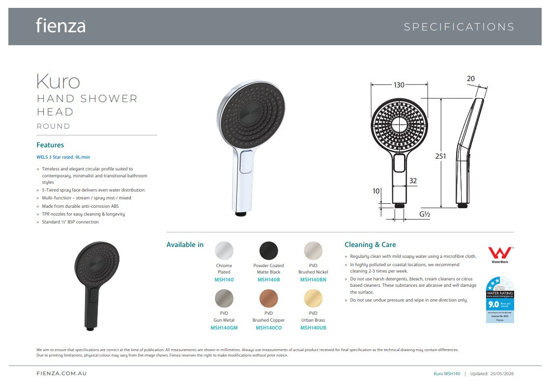 Fienza Kuro Hand Shower Head Brushed Copper