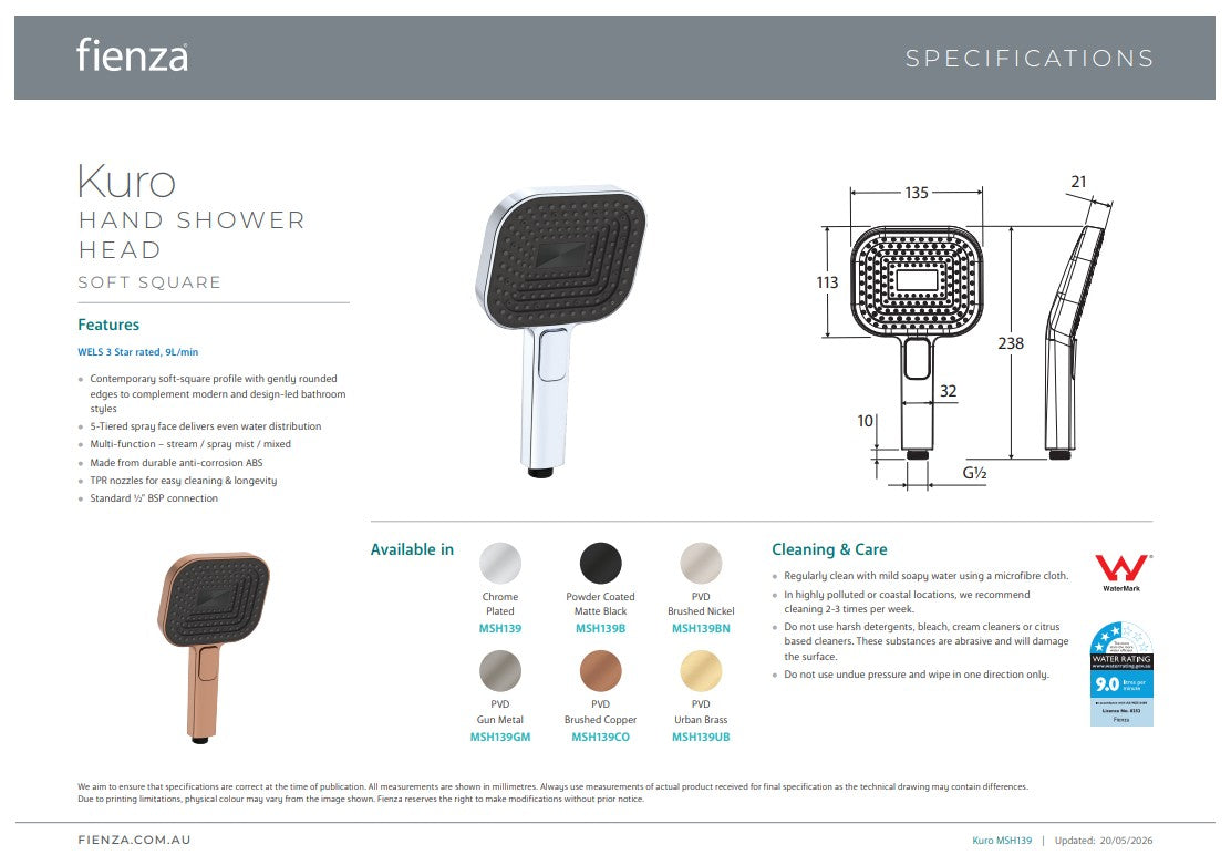 Fienza Kuro Hand Shower Head Soft Square Brushed Copper