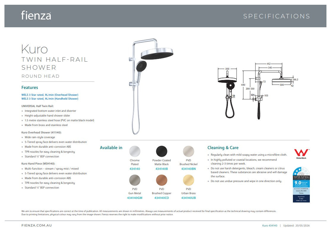 Fienza Kuro Twin Half Rail Shower Round Head Chrome