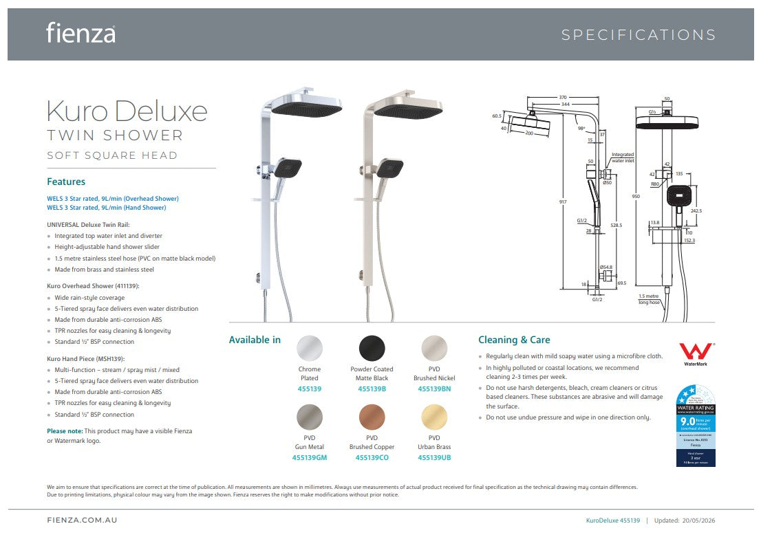 Fienza Kuro Deluxe Twin Shower Soft Square Head Matte Black
