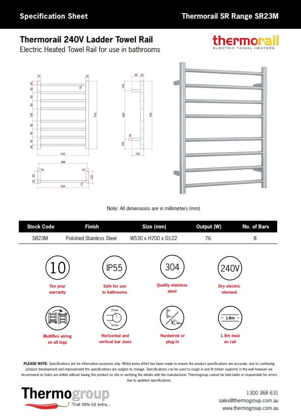 Thermogroup Straight Round Ladder Heated Towel Rail 240 Polished Stainless