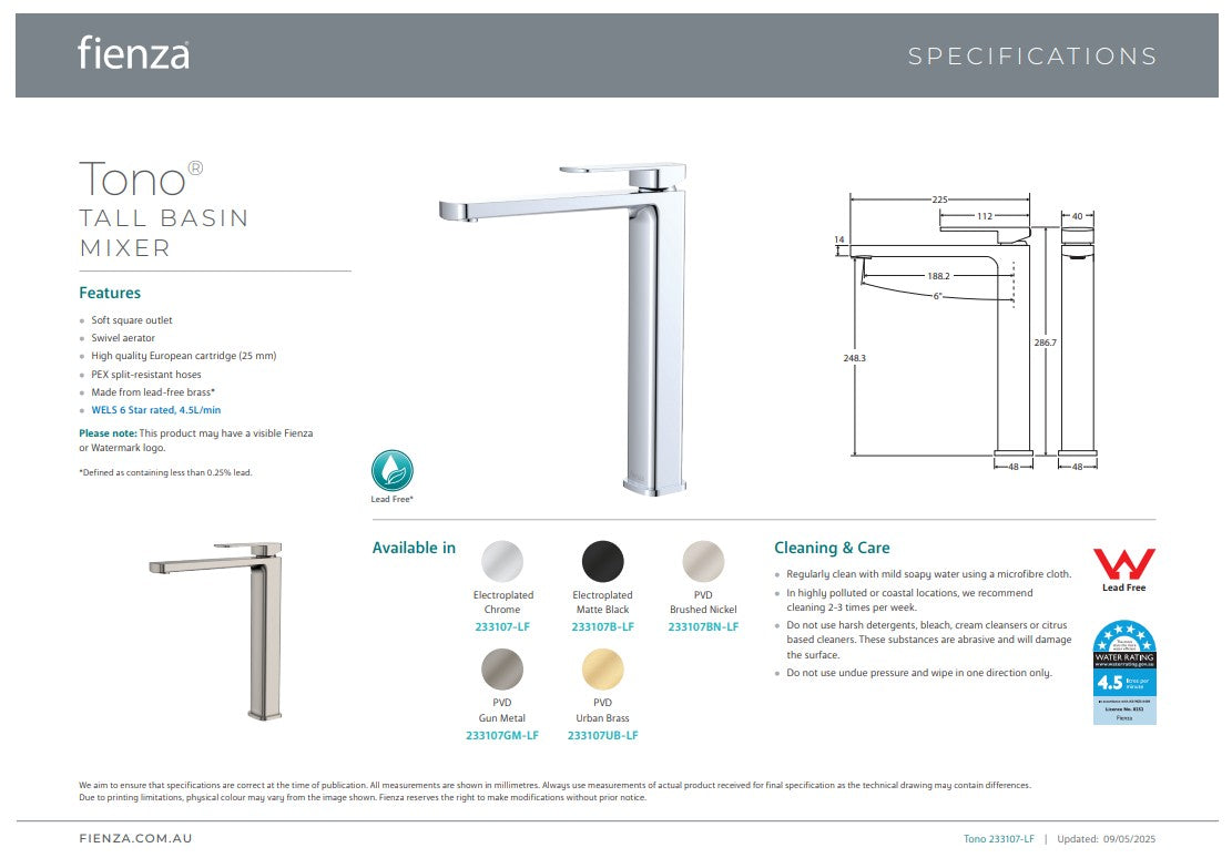 Fienza Tono Tall Basin Mixer Chrome