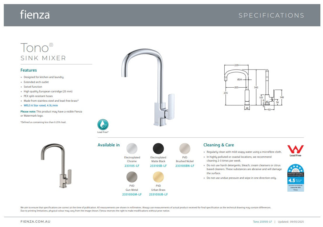 Fienza Tono Sink Mixer Matte Black