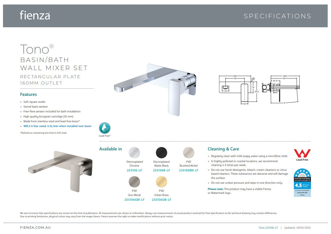 Fienza Tono Basin/Bath Mixer Set Rectangular Plate 160mm Outlet Brushed Nickel