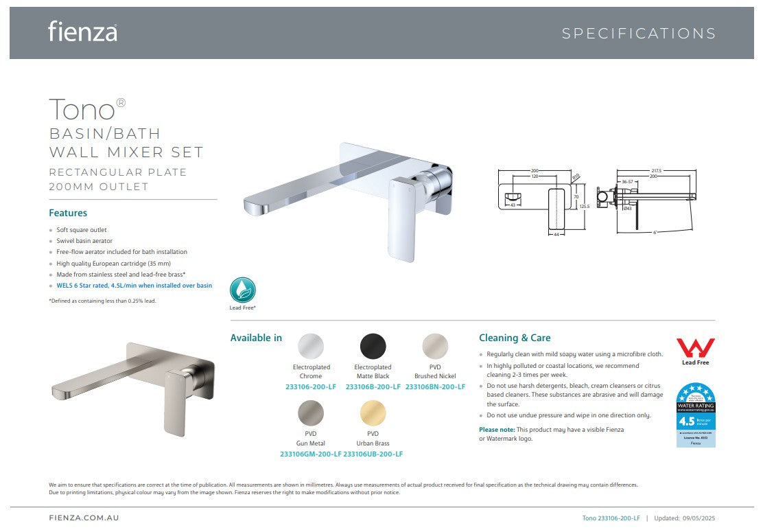 Fienza Tono Basin/Bath Mixer Set Rectangular Plate 200mm Outlet Brushed Nickel