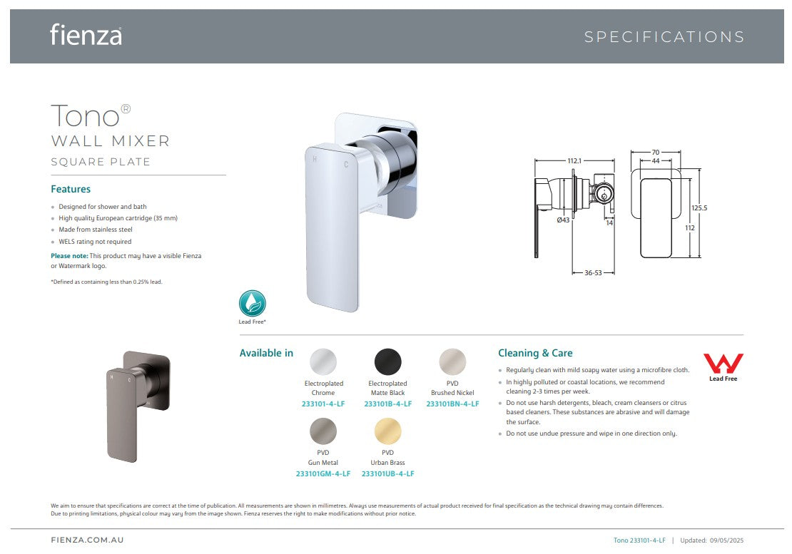 Fienza Tono Wall Mixer Square Plate Brushed Nickel