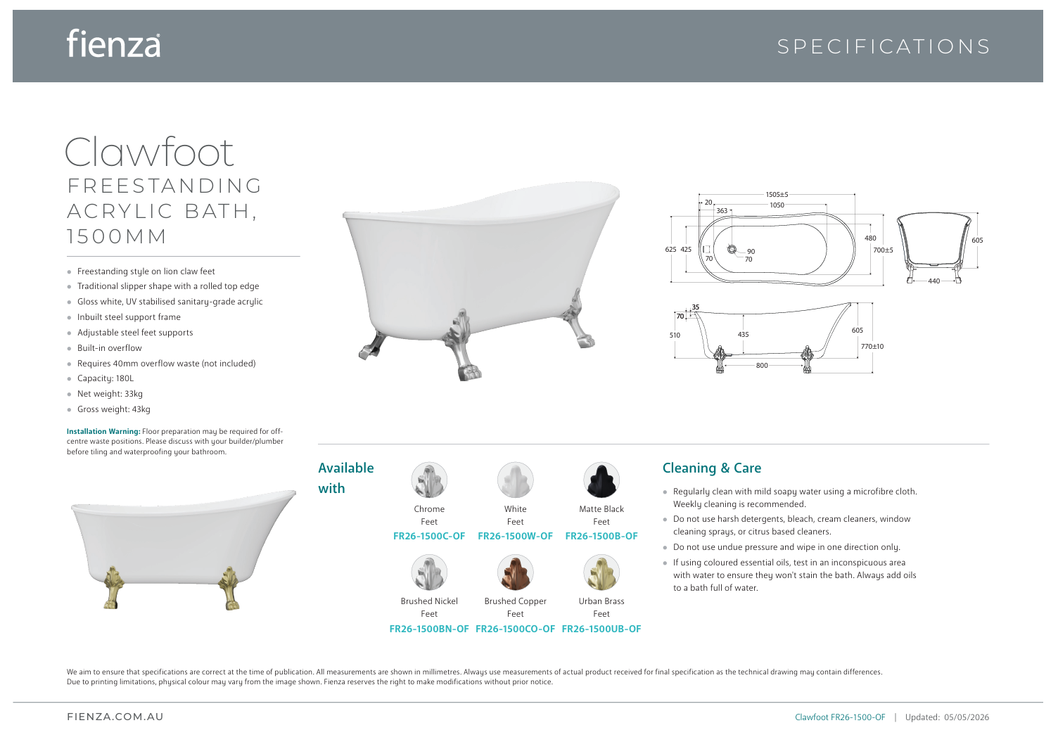 Fienza Clawfoot Freestanding Bath Gloss White 1500mm Brushed Copper Feet