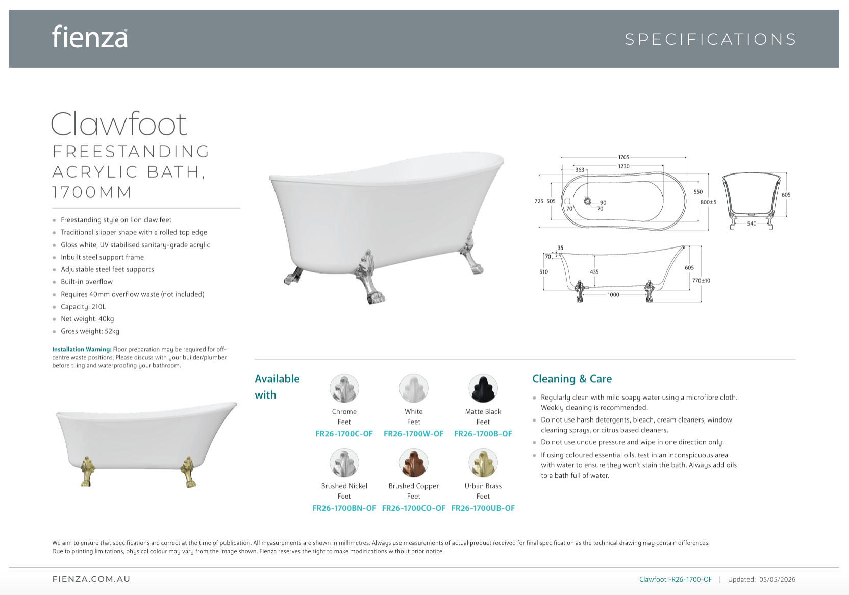 Fienza Clawfoot Freestanding Bath Gloss White 1700mm Brushed Copper Feet