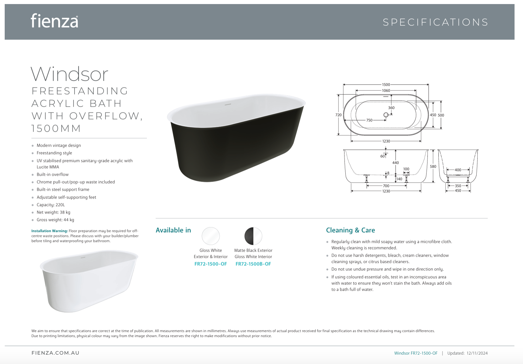 Fienza Windsor Freestanding Acrylic Bath with Overflow 1500mm Matte Black