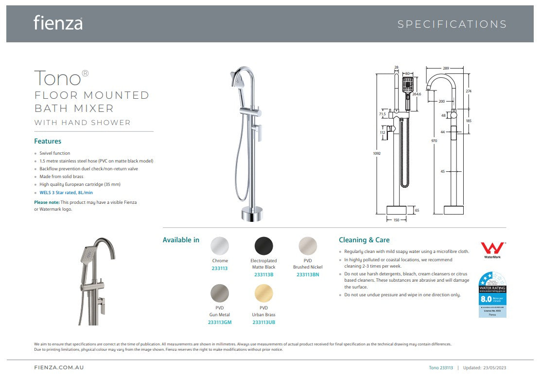 Fienza Tono Floor Mounted Basin/Bath Mixer Chrome