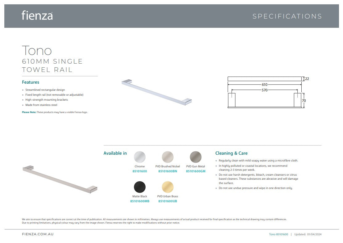 Fienza Tono Single Towel Rail Chrome