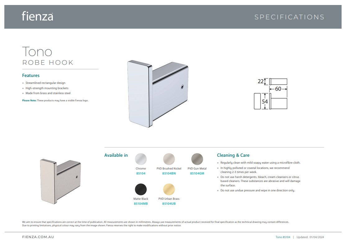 Fienza Tono Robe Hook Brushed Nickel