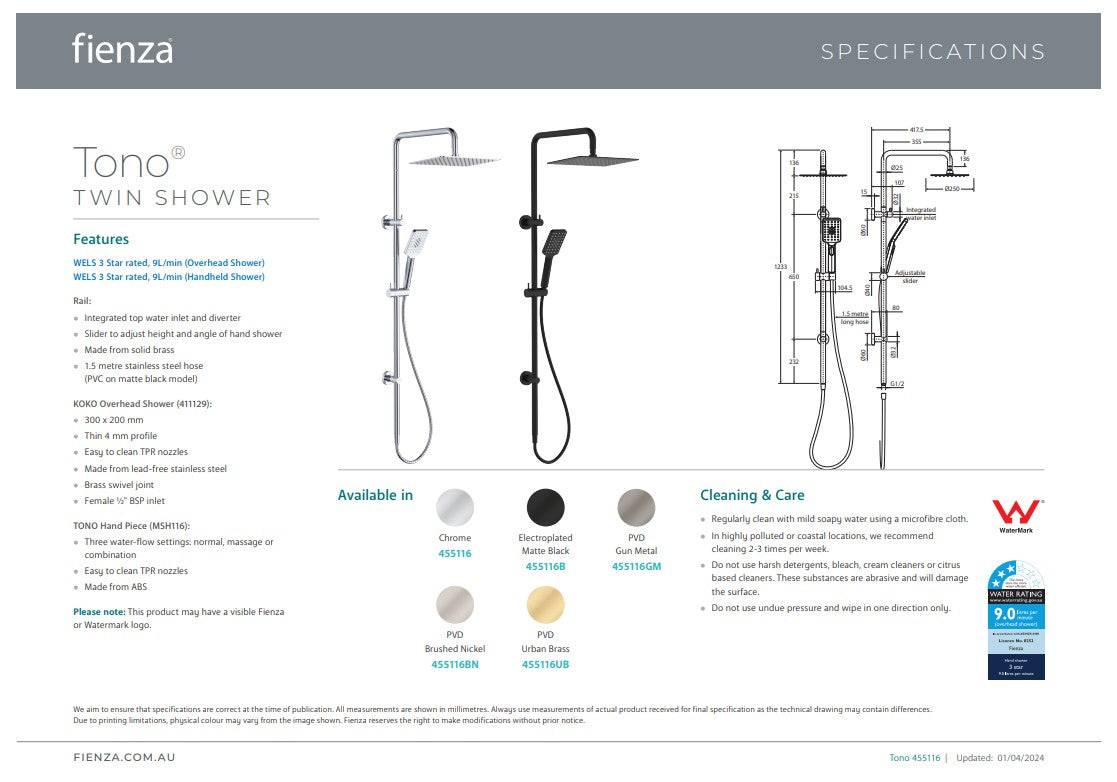 Fienza Tono Twin Half Rail Shower Chrome