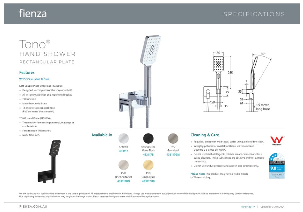 Fienza Tono Hand Shower Rectangular Plate Chrome