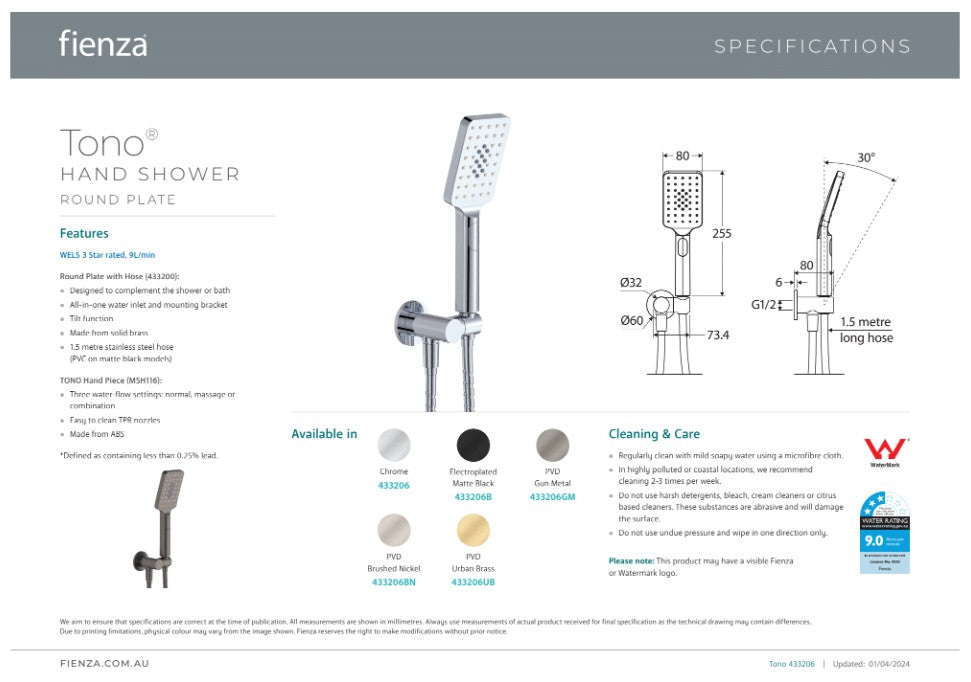 Fienza Tono Hand Shower Round Plate Chrome