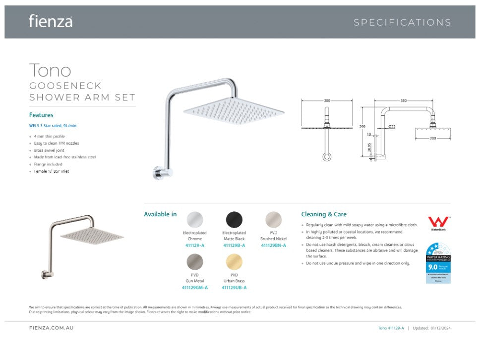 Fienza Tono Gooseneck Shower Arm Set Matte Black
