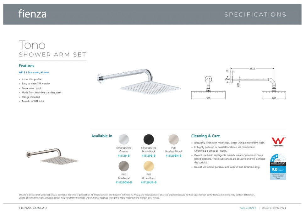 Fienza Tono Shower Arm Set Gun Metal