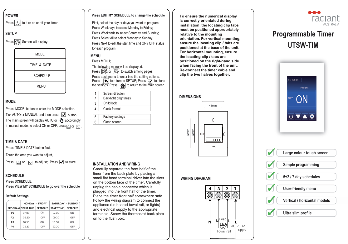 Premium UNIVERSAL Touch Screen Timer White -Vertical or Horizontal Orientation
