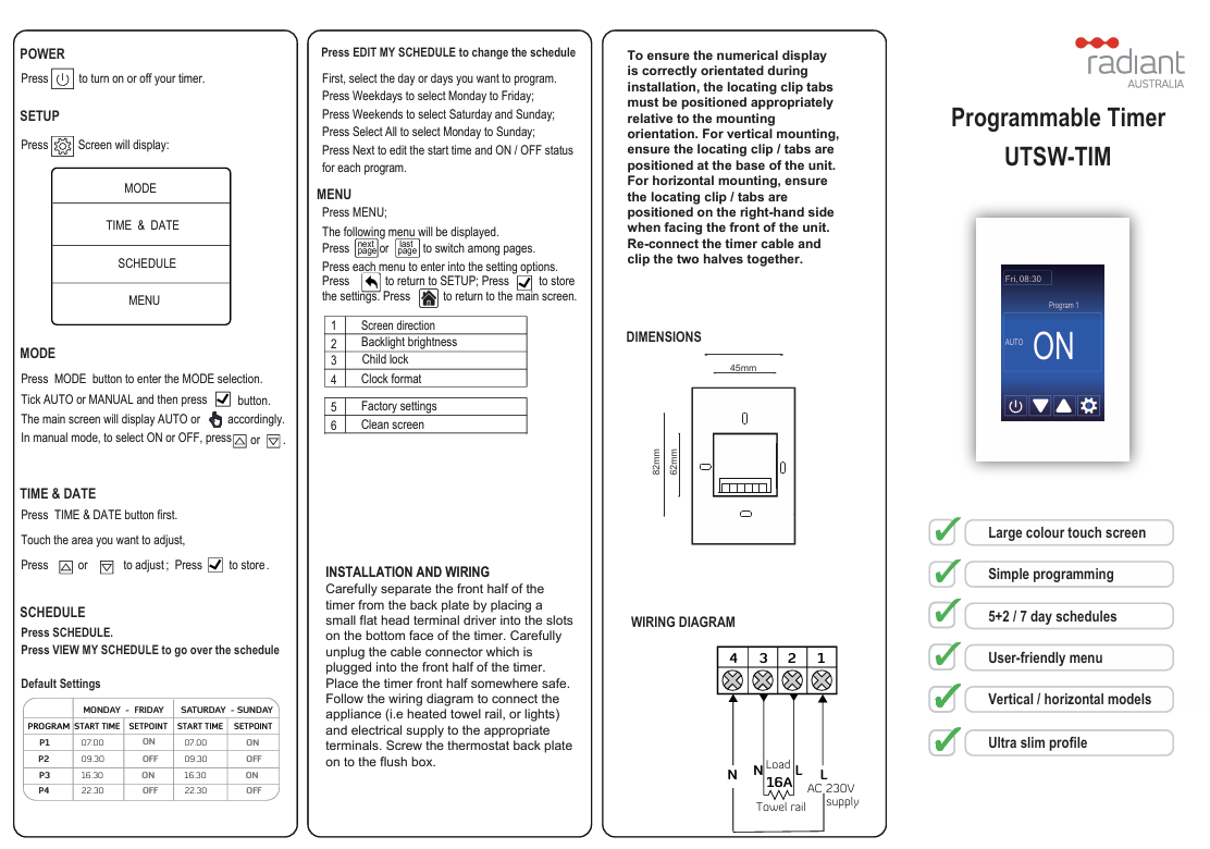 UNIVERSAL Touch Screen Timer Black -Vertical or Horizontal Orientation