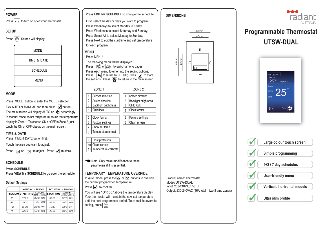 Premium UNIVERSAL Dual Programmable Thermostat & Timer - Vertical or Horizontal Orientation