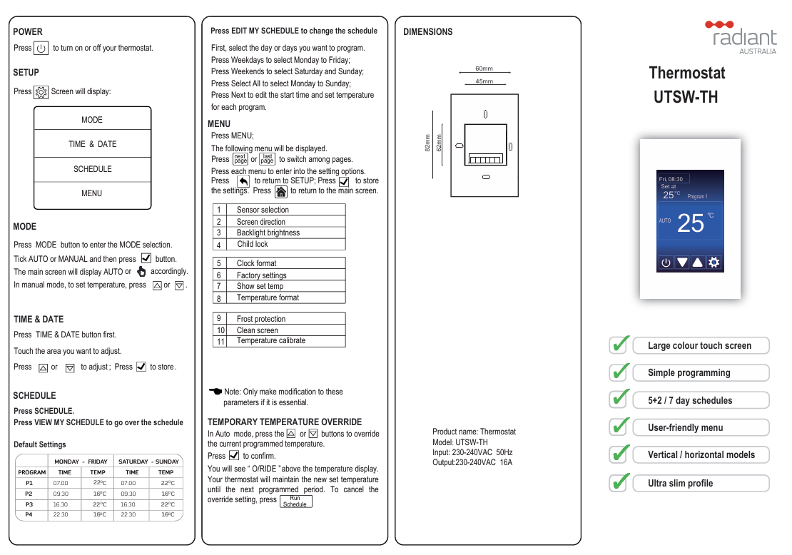 UNIVERSAL Touch Screen WIFI Thermostat Black -Vertical or Horizontal Orientation