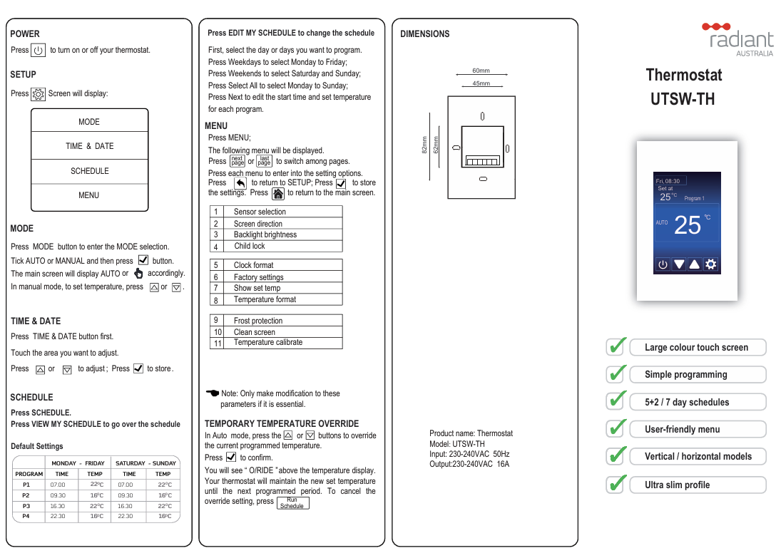 Premium UNIVERSAL Touch Screen Thermostat White -Vertical or Horizontal Orientation