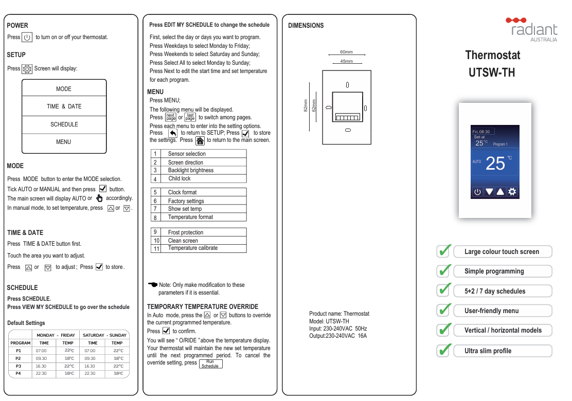 UNIVERSAL Touch Screen Thermostat Black -Vertical or Horizontal Orientation