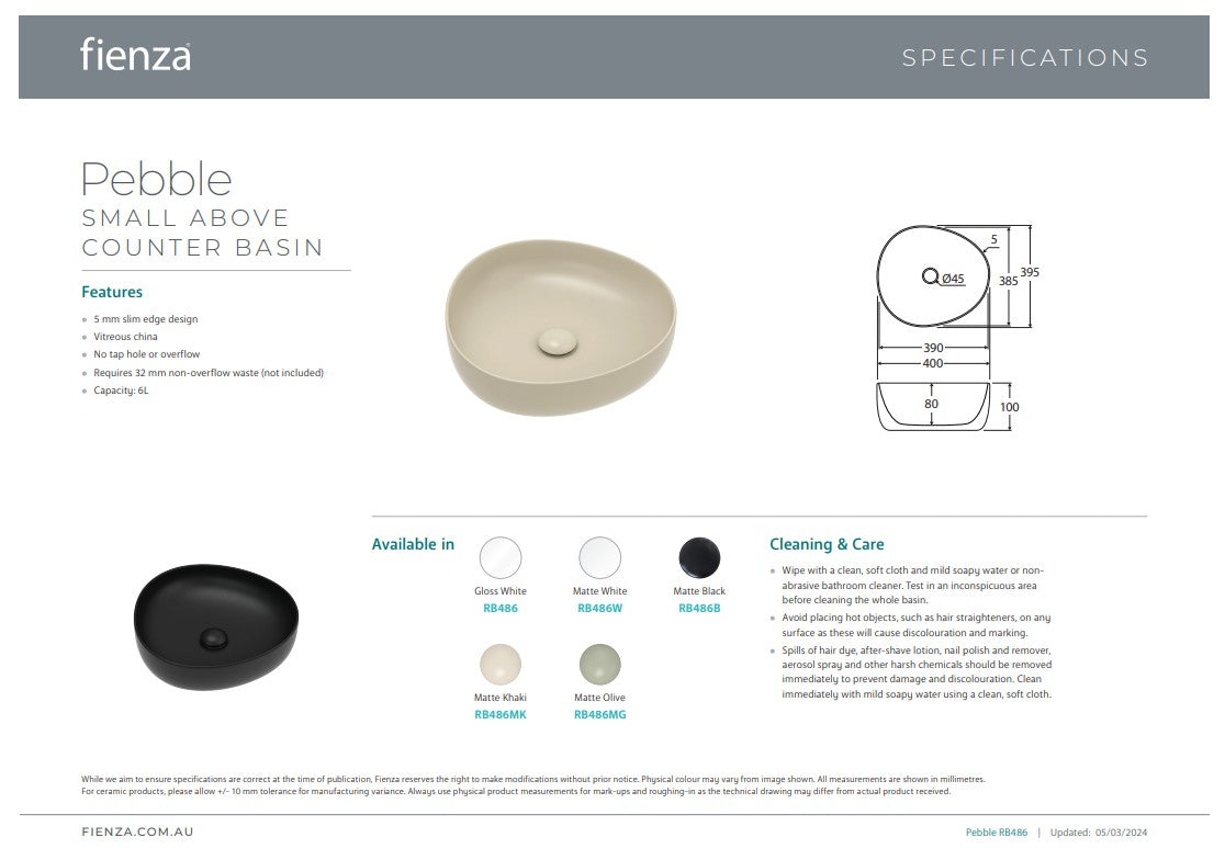 Fienza Pebble Small Above Counter Basin Matte Olive