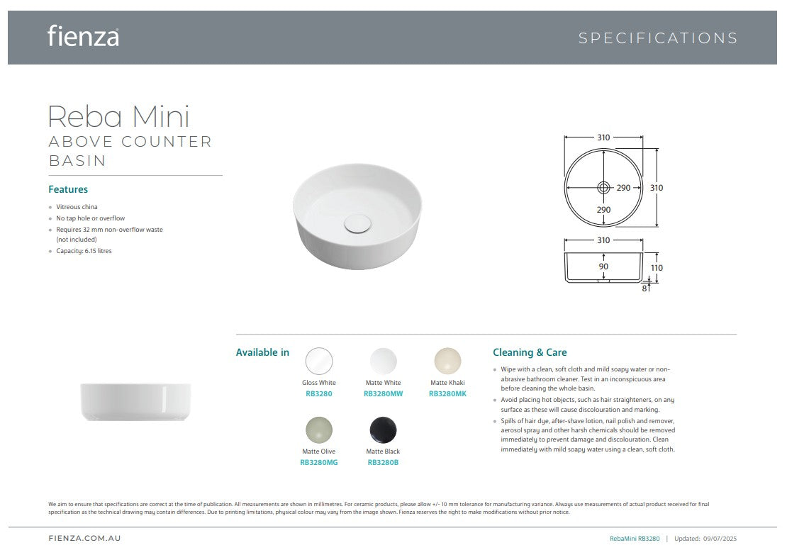 Fienza Reba Mini Above Counter Basin Matte White