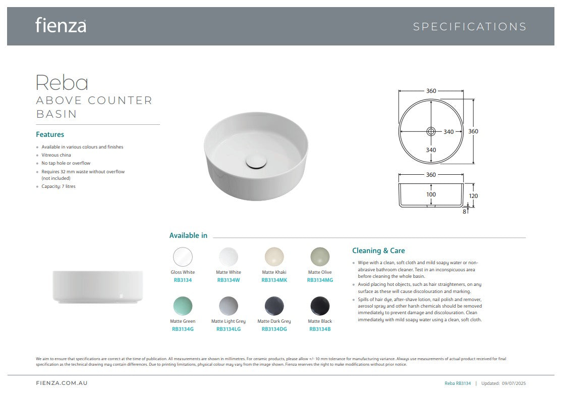 Fienza Reba Above Counter Basin Matte Grey