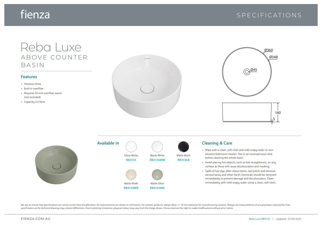 Fienza Reba Luxe Above Counter Basin Matte Olive
