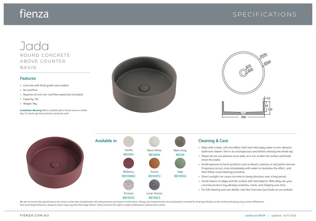 Fienza Jada Round Concrete Above Counter Basin Mulberry
