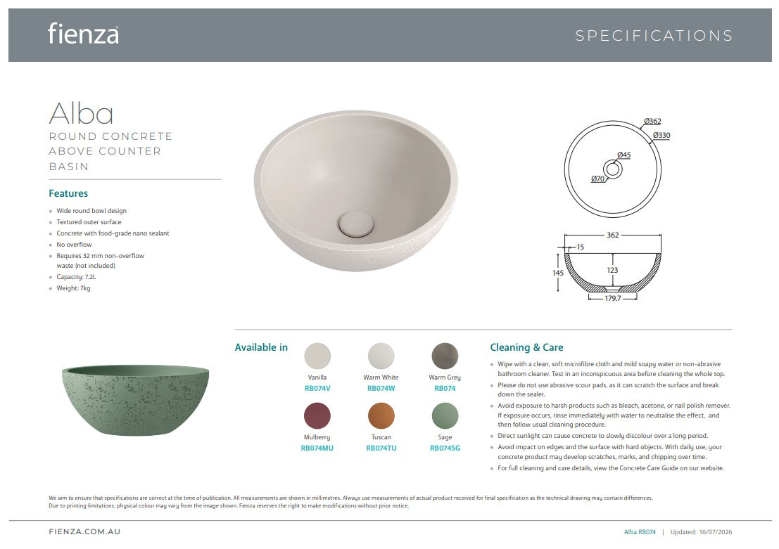 Fienza Alba Round Concrete Above Counter Basin Mulberry