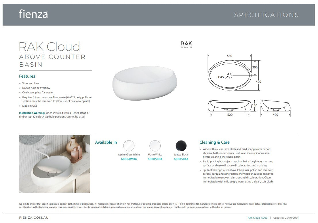 Fienza Rak Cloud Above Counter Basin Alpine Gloss White