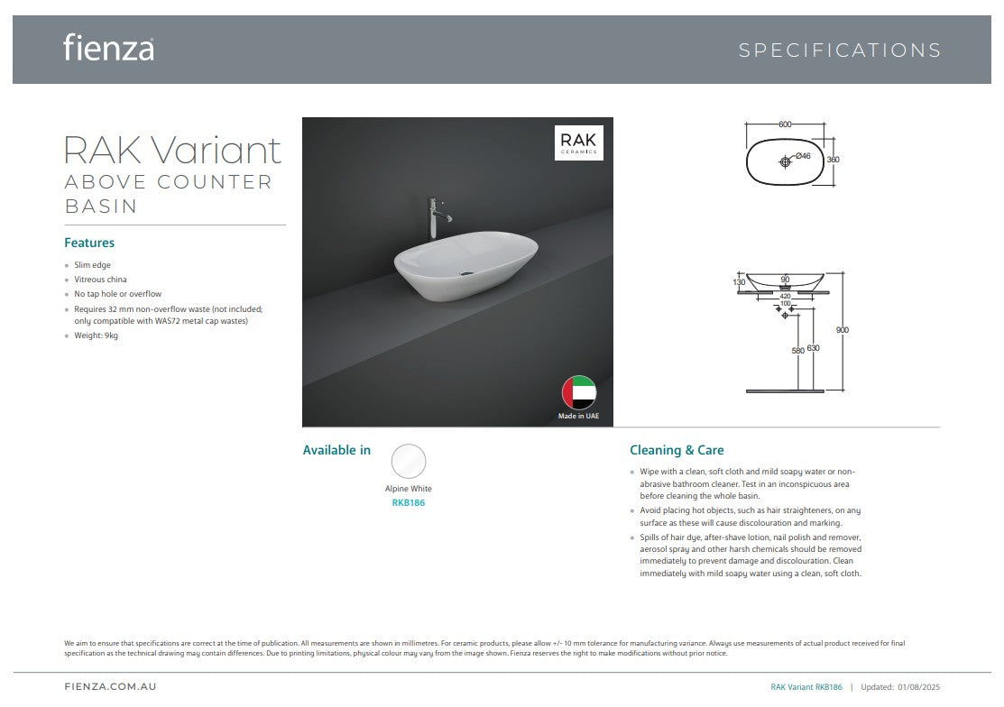 Fienza RAK Variant Above Counter Basin Alpine White