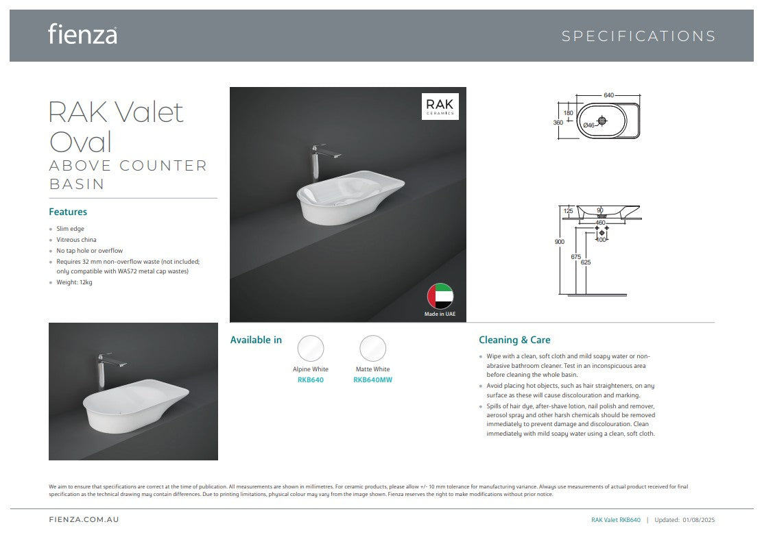 Fienza RAK Valet Oval Above Counter Basin Matte White