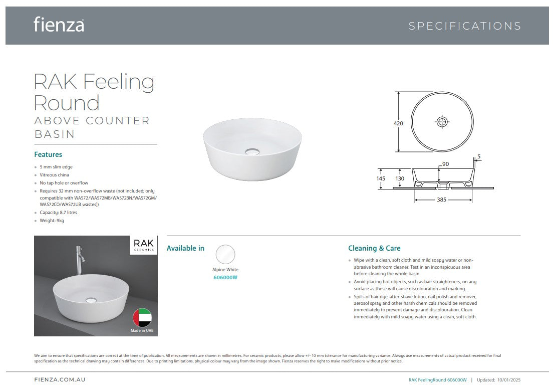 Fienza RAK Feeling Round Above Counter Basin Matte White