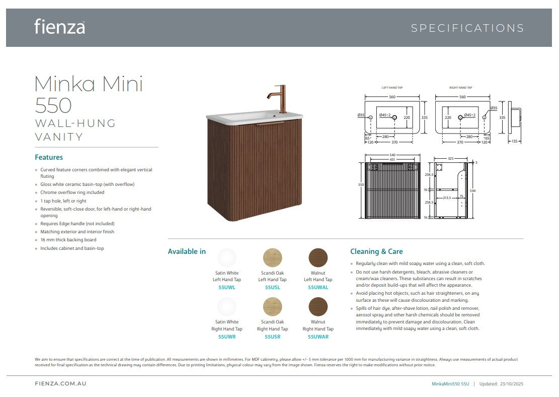 Fienza Minka Mini 550 Wall Hung Vanity Right Hand Tap Walnut
