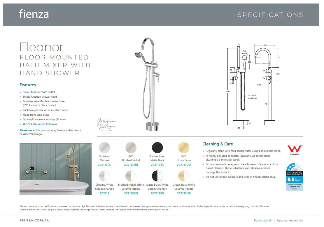 Fienza Eleanor Floor Mixer & Shower Urban Brass / Ceramic