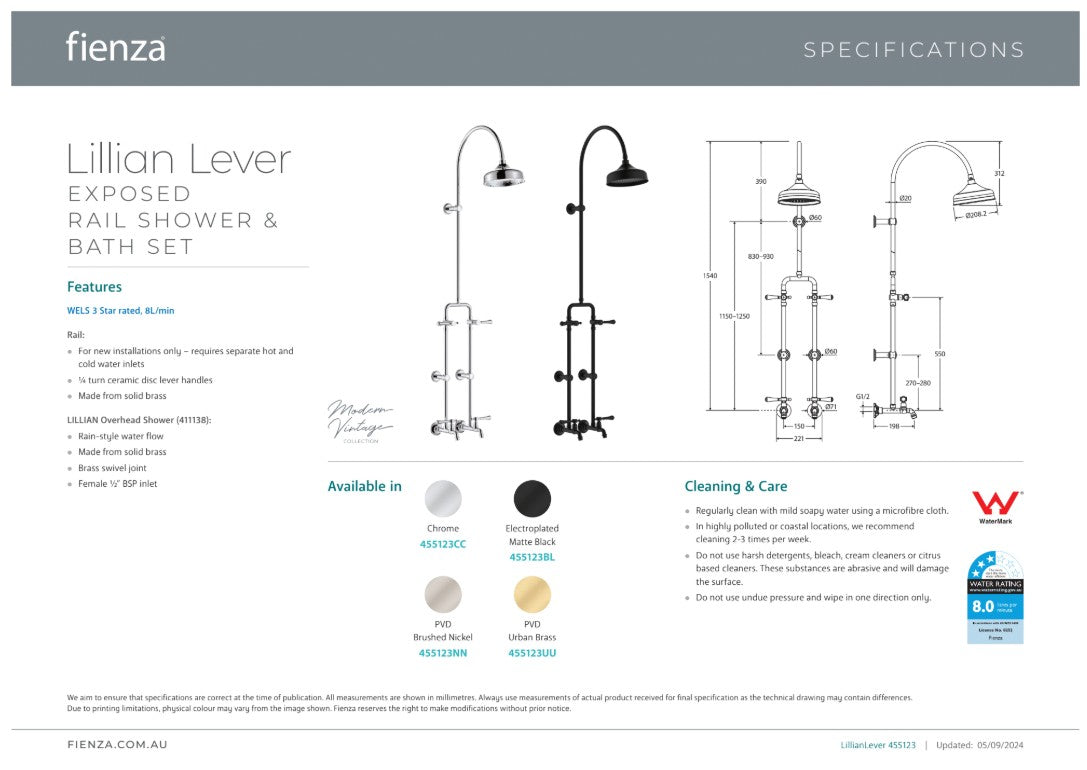 Fienza Lillian Lever Exposed Rail Shower & Bath Set Brushed Nickel