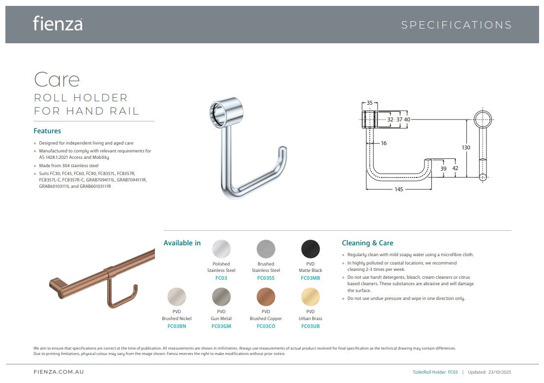Fienza Care Roll Holder for Grab Rail Polished Stainless Steel